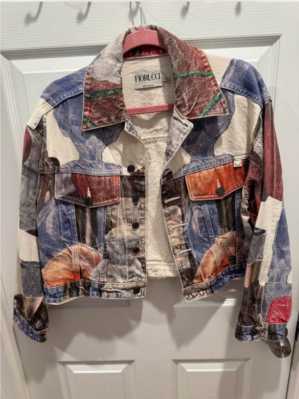Fiorucci Multicolor Printed Cropped Denim Jacket in Blue, Red, Orange, Cream